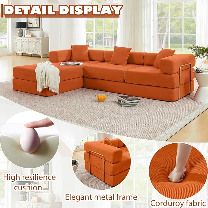 HANXIN 108" Modular Sectional Sofa,Futon Convertible Sofa Bed,Oversized Corduroy Boneless Couch for Living Room,Floor Loveseat Sleeper with Pull Out Bed,Free Combination,No Assembly Required (Orange)