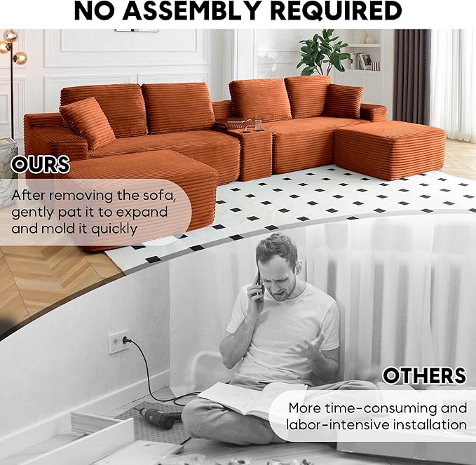125” Oversized Modular Sectional Sofa, Deep Seat Corduroy Cloud Couch with Cup Holders, USB Ports & Storage Box, Sleeper Sofa Couch Boneless Couches for Living Room, No Assembly Required (Orange)