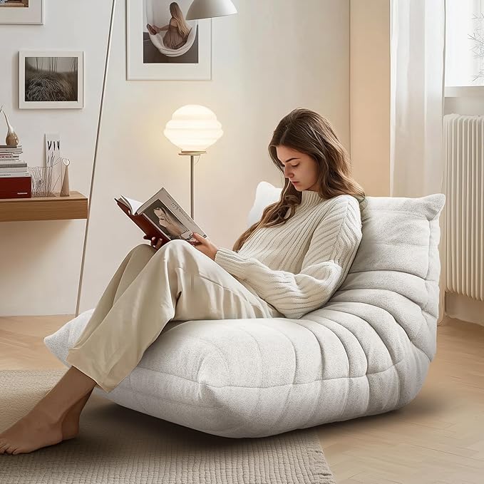 cebihy Premium Quality Compression Fireside Togo Chair, Adult Bean Bag Chair, Single Floor Couch, Soft Lazy Floor Chairs for Living Room, Bedroom, Salon & Office (Teddy White)