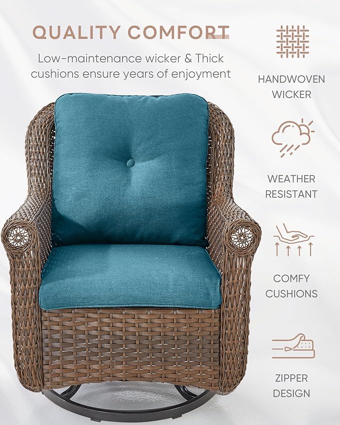 ACTREST Patio Chairs Outdoor Swivel Glider - Set of 4 High Back Outside Brown Wicker Rattan Rocking Chair with Thick Cushion for Porch Apartment Deck Yard Poolside Garden - Peacock Blue