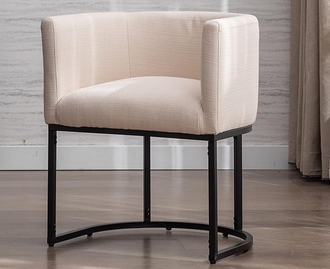 VESCASA Linen Upholstered Dining Chair with Barrel Back, Mid Century Modern Restaurant Padded Chair with Black Metal Frame for Kitchen, Dining Room, 1PK, Cream