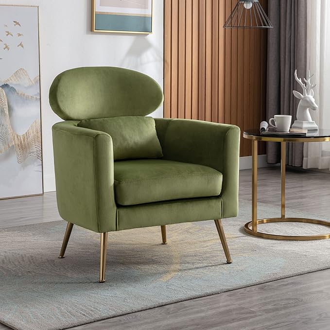 DM Furniture Velvet Accent Chair Set of 2 Comfy Living Room Chair Slipper Chair Mid Century Single Sofa Arm Chair with Golden Legs and Pillow for Bedroom/Guest Room, Olive Green