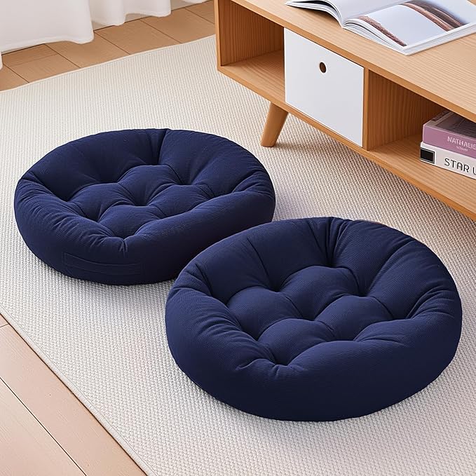 2Pcs Floor Pillows for Adults, Meditation Cushions, 22x22 Inch Large Round Sitting Cushion Living Room Memory Foam Pillow for Sitting (2, Navy, 22x22x4 Inch)