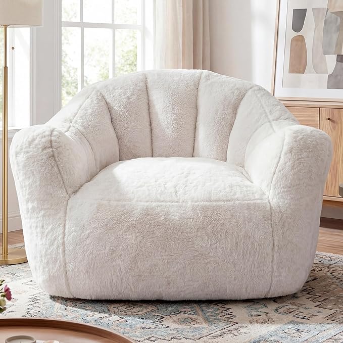 Homkdom Bean Bag Chair, Giant Bean Bag Chair for Adults, Shell-Shaped Bean Bag Couch with Armrests & Side Pockets, Comfy Beanbag Lazy Couch Reading Chair for Bedroom, Living Room, Beige