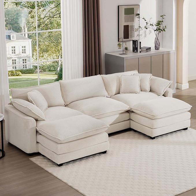 Aoowow Corduroy 3 Seater Couch with Ottomans,Modern Large Cloud Couches for Living Room,U Shaped Modular Sectional Cloud Sofas Deep Seat,U Shape Oversized Tufted Sofa Set(Beige, 3 Seater + 2 Ottoman)