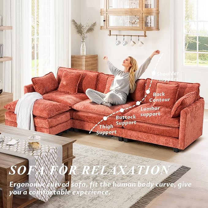 SoarFlash 113.78" Chenille Sectional Sofa, Comfy L Shaped Modular Coush Sofa with Ottoman, Modern 4 Seat Couch Deep Seat Sofa Set for Living Room,Black