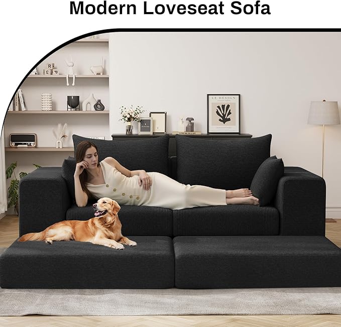 DAMAIFROM 80" Convertible Sleeper Sofa Bed with Soft Pillow, Corduroy Folding Mattress Couch with L-Shape Chaise, Modular Floor Sofa Lounge Couch for Living Room Bedroom Lounge (Black)