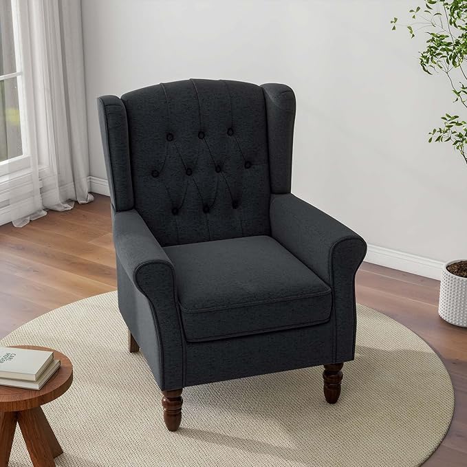 DREAMSIDEA Accent Chair, Upholstered Armchair with Button Tufted High Back & Solid Wood Legs, Comfy Wingback Reading Single Sofa Chair for Small Spaces, Living Room, Bedroom-Blue,1 SEAT