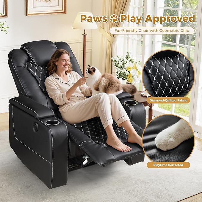 ANJ Power Recliner Chair with USB Ports and Cup Holders - Overstuffed Electric Home Theater Seating PU Leather Reclining Furniture with Hidden Arm Storage, Easy to Clean (Set of 2, Black)