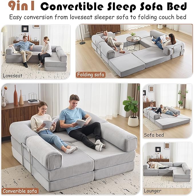 Modular Convertible Sofa Bed 106" L-Shaped with Reversible Chaise, Corduroy Floor Sleeper Boneless Couch, Folding Futon for Living Room, Apartment, Small Spaces, No Assembly Required, Grey