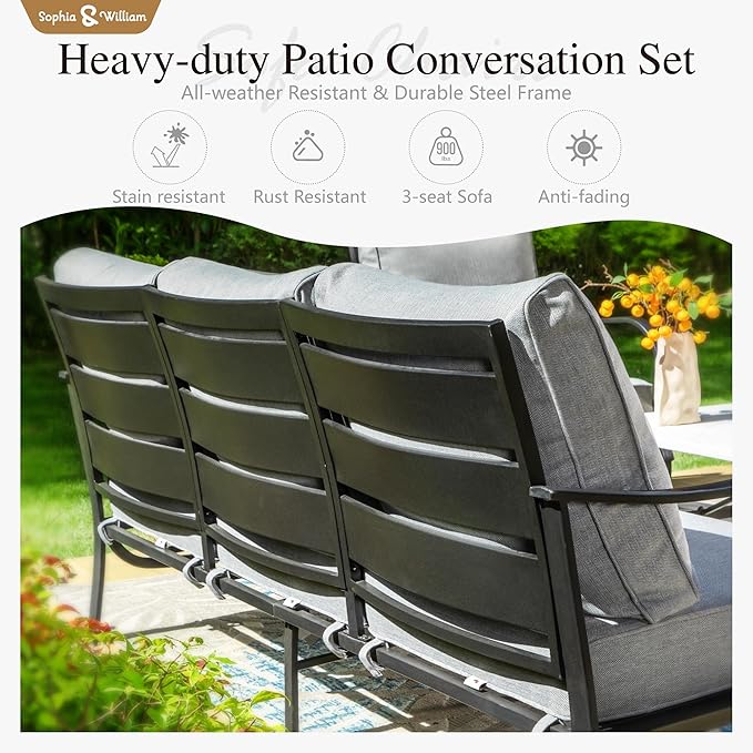 Sophia & William Patio Furniture Sets with 45" Gas Fire Pit Table Outdoor Metal Conversation Sets for 5, 2 x Swivel Cushioned Patio Sofa Chairs, 1 x 3-Seat Sofa 4 Pieces for Lawn Backyard Grey