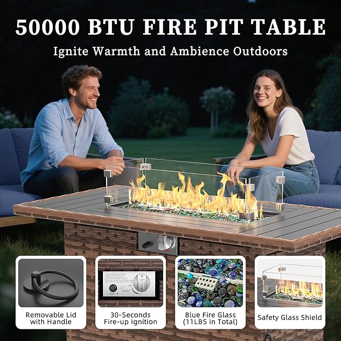 UDPATIO 5 Pieces Patio Furniture Set with Fire Pit Table, Outdoor Conversation Set with Rocking Swivel Chairs, Wicker Furniture Set with Waterproof Cover, 4'' Thickened Cushion, Navy