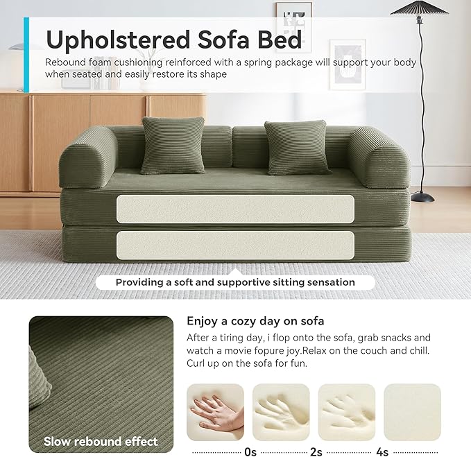 ZQRhome 79" 5-in-1 Convertible Sofa Bed, Luxe Comfort Sleeper with Sturdy Frame, No Assembly Corduroy Couch for Living Room, Apartment & Relaxation, Light Green