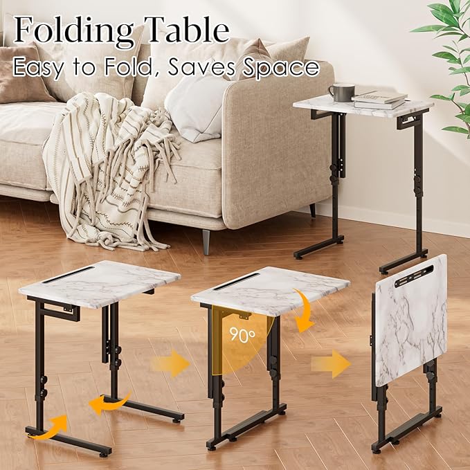 Fleecy day TV Tray, Folding TV Dinner Table, Adjustable Small C-Shaped End Tray for Eating, Foldable Slide Under Couch Side Table for Recliner, Living Room, Bedroom,No Assembly Required(White Marble)