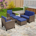 COOS BAY Harbor Retreat 5 Piece Outdoor Furniture Set, Patio Conversation Set with Patio Chairs, 2 Seat Loveseat and Ottomans, Wicker Furniture, Brown/Blue