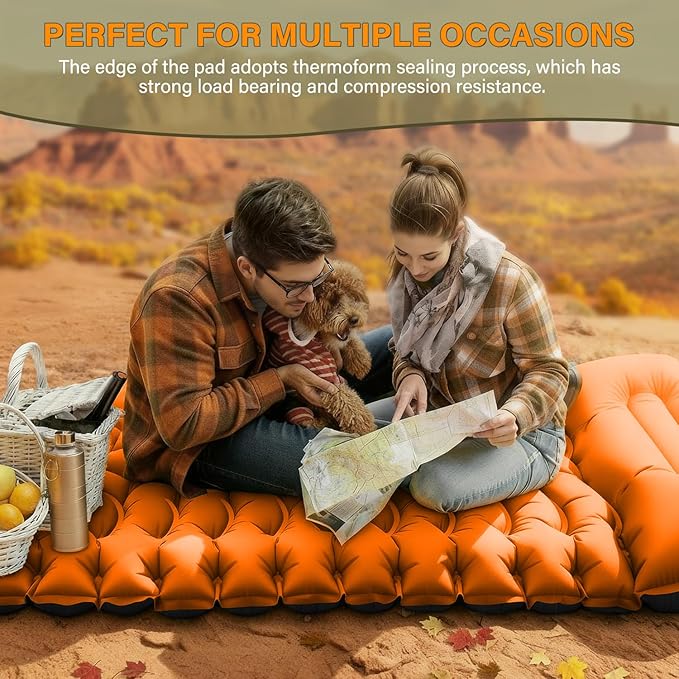FUN PAC Camping Sleeping Pad, Ultralight Camping Pad with Pillow Built-in Foot Pump Inflatable Sleeping Pads Compact for Camping Backpacking Hiking Traveling - Orange