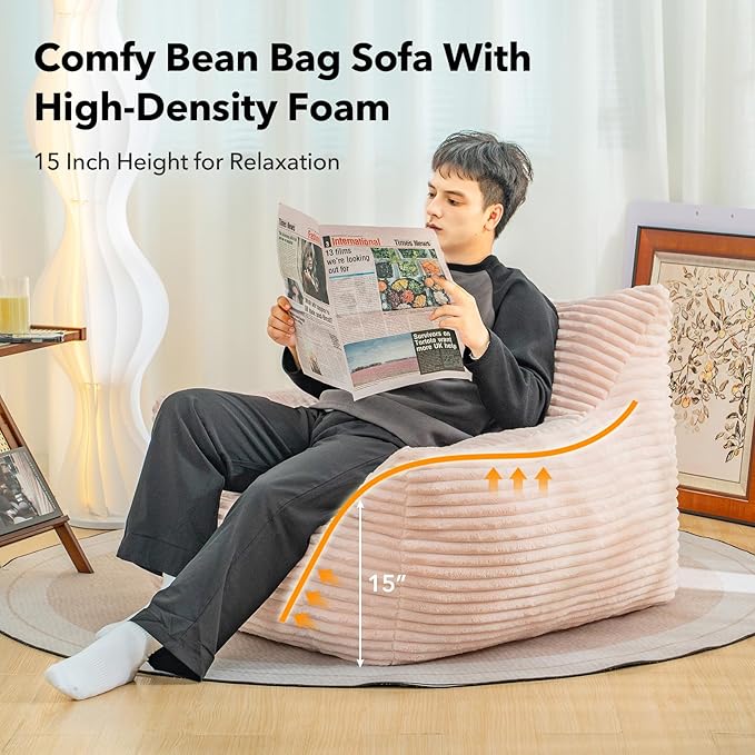 Giant Bean Bag Chair for Adults, Corduroy Upholstered Beanbag Chair with Side Pocket, Comfy Bean Bag Sofa with Portable Handle, Floor Sofa Chair for Bedroom (Pink)