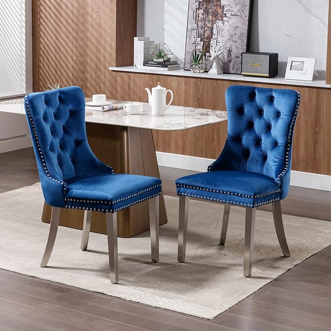 YeahFurn Mid Century Modern Dining Chairs Set of 8, Blue Velvet Upholstered Tufted Back, Kitchen & Dining Room Chairs, Brushed Silver Metal Legs, Nailhead Trim, Sillas para Comedor (Blue, 8 Pcs)