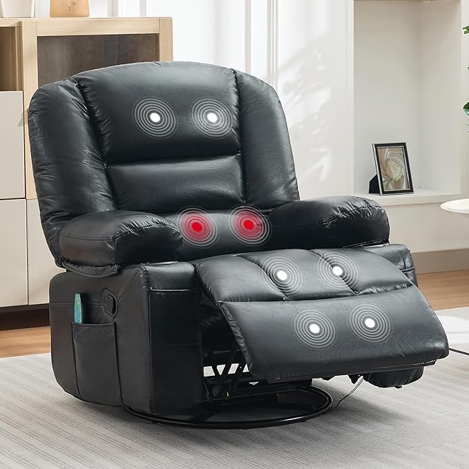 Rocker Recliner Chairs for Adults w/Vibration Massage and Heating,360° Swivel Rocker Glider Recliner,Extra Wide Manual Lazy Chair,PU Leather Overstuffed Soft Sofa Chair for Living Room,Bedroom,Black