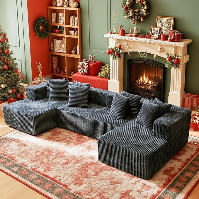 130'' U Shaped Couched for Living Room, Cloud Modular Sectional Couch with 2 Chaise Lounge, Modern Minimalist Upholstered Sofa Sleeper Deep Seat Corner Couch, No Assembly Required Dark Grey
