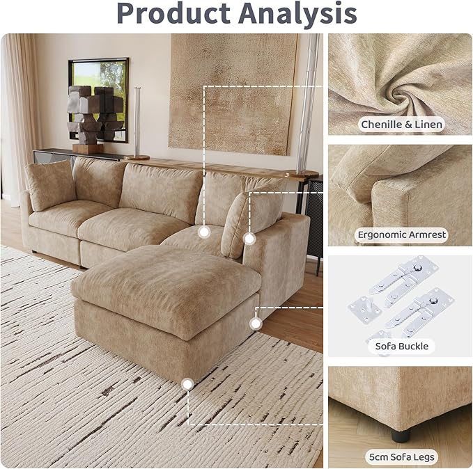 WJShome Cloud Couch Modular Sectional Sofa,100.5" V Shaped Couch, Convertible Wide Seater with Ottoman, 6 Seater for Living Room Set,Covers Washable&Replaceable,Khkai