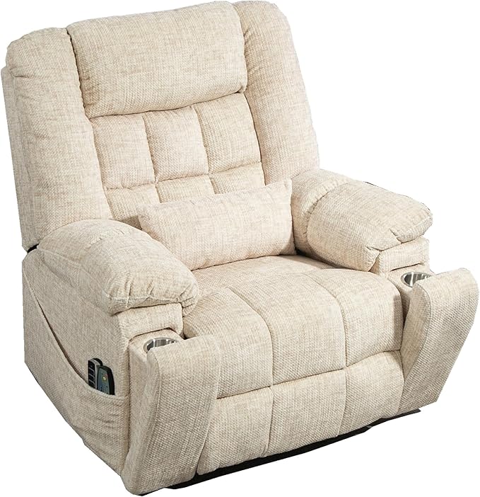 27in Extra Wide Recliner Chair for Big Man 400lbs, Oversized Power Lift Chair with Heat and Massage Hidden Cup Holder, Adjustable Headrest, Backrest, Lumbar & Footrest for Elderly, Cream