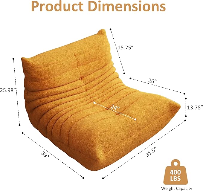 Bean Bag Chair, Oversized Bean Bag Chair for living Room, Fireside Chair for adults with Memory Foam Filled, Big Accent Sofa Lounge Floor Sofa for Gaming, Reading, Relax, No Assembly Required (Yellow)
