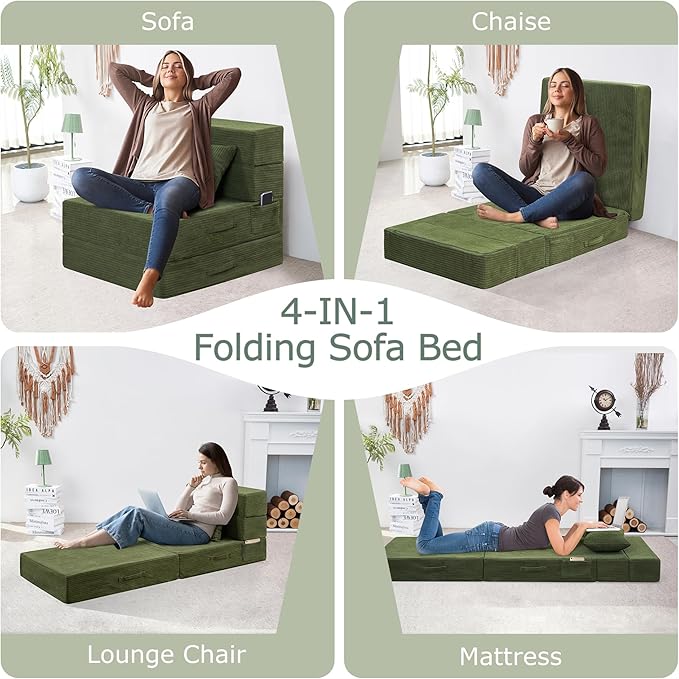 HILERO Folding Sofa Bed, 4 in 1 Convertible Sleeper Chair with Pillow, Single Memory Foam Fold Out Chair Bed, Modern Floor Futon Sofa Couch Mattress for Living Room/Guest/Apartment, Green