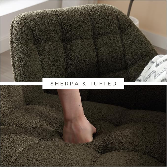 QUINJAY Modern Sherpa Accent Chair with Ottoman, Fluffy Upholstered Lounge Chair with Footrest, Comfy Living Room Side Boucle Armchair for Small Space Bedroom Apartment, Green