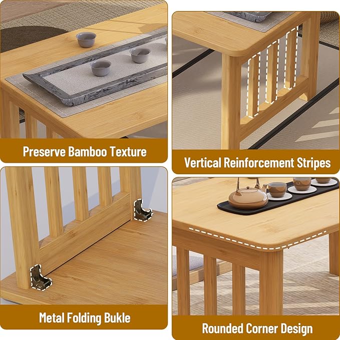 Japanese Folding Floor Coffee Table, Bamboo Foldable Low Table for Sitting On The Floor No Assembly Portable Tea Table Chabudai Table for Tatami, Bay Window, Meditation, Altar (Wood Color)