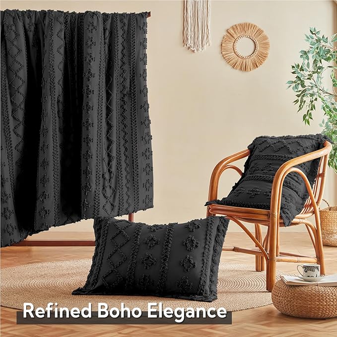 MR&HM Twin XL Comforter Set Black, 5 Pieces Tufted Boho Beddding Sets, Farmhouse Style Bed in a Bag with 1 Comforter, 1 Pillow Sham, 1 Pillowcase, 1 Flat Sheet, 1 Fitted Sheet for College Dorm