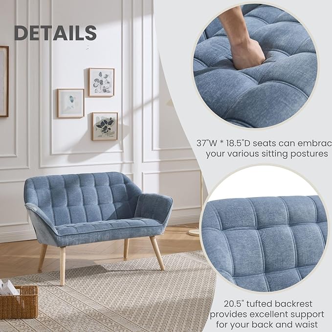 48" Small Couches for Living Room for Small Space, Mid Century Modern Loveseat with Wood Legs 2-Seat Chenille Upholstered Sofa Tufted Couches, Blue
