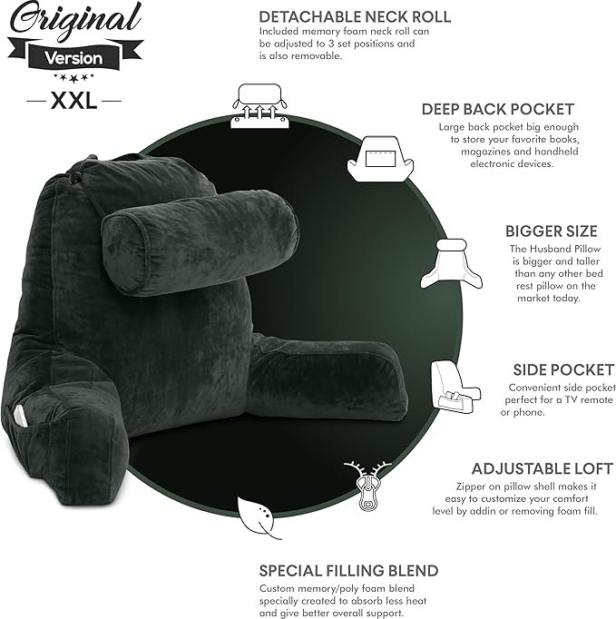 Husband Pillow XXL – Reading Pillow Bed Chair with Arms & Back Support – Dark Green - Back Pillow for Beds Sitting Up – Bed Rest Arm Pillow – Comfy Reading Pillow for Adults