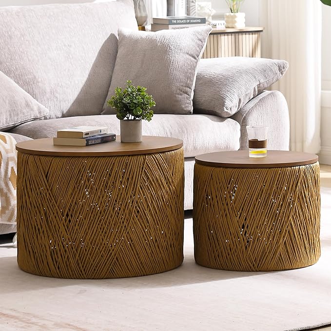 LZAREAL Farmhouse Round Coffee Table with Storage Boho Living Room Table with Lifting Top Hand-Woven Rattan Nesting Coffee Tables for Living Room, Walnut