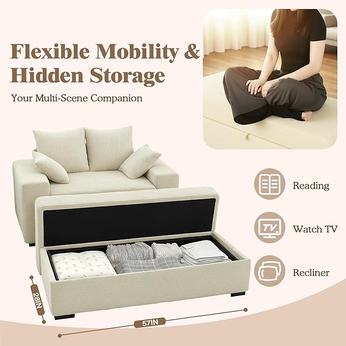 Indoor Chaise Lounge Chair with Storage Ottoman, Modern 60-Inch Lounge Sofa Chair with Wide Armrests & 4 Pillows, Oversized Comfy Reading Lounger for Living Room, Bedroom（Medium-Rib Corduroy Beige）