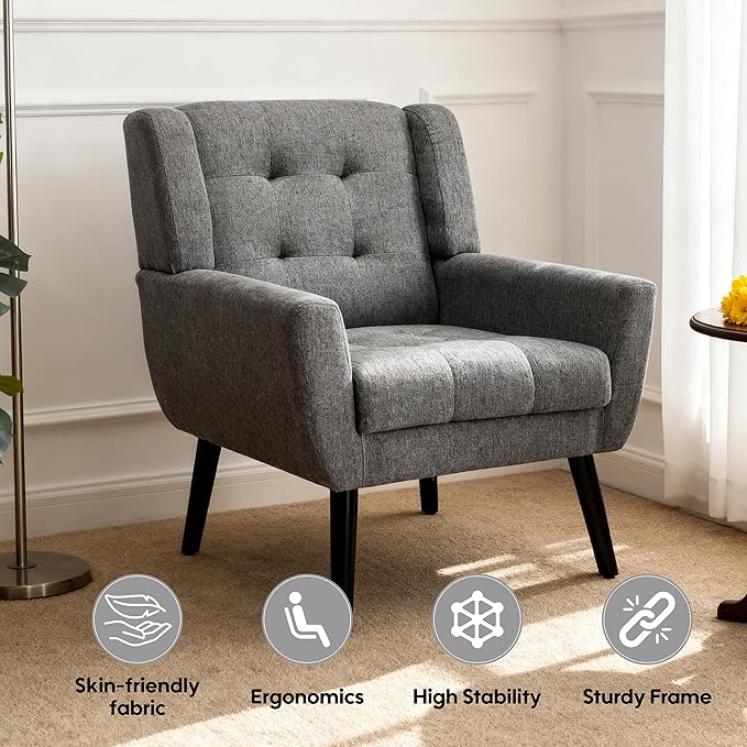 OO BY ORANGE ONLINE Set of 2 Linen Accent Chair, Mid-Century Modern Tufted Armchair for Living Room, Bedroom & Office (Light Gray)