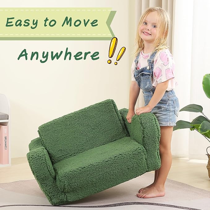 Kids Sofa, 2-in-1 Flip-Out Foam Couch with Soft Sherpa Cover, Cozy Play Lounge Chair, Green