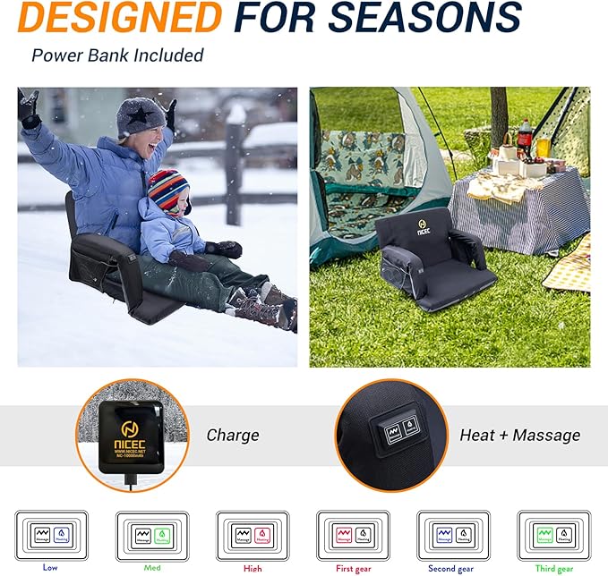 Nice C Heated Massage Stadium Seats, Floor Chair, Bleacher Seats, Reclining Waterproof Cushion, Foldable, Thick Padding, with Shoulder Straps & Side Pockets