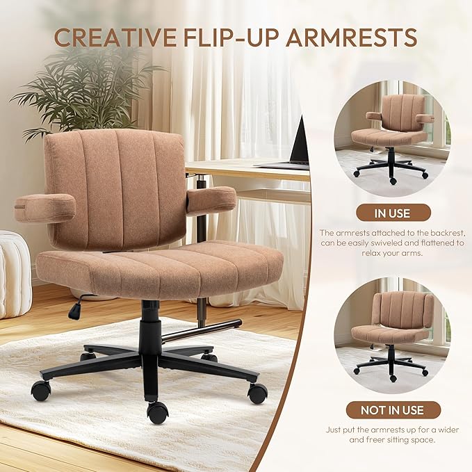 Vigosit Criss Cross Chair with Wheels – Comfortable Vanity Chair, Wide Rolling Cross Legged Office Chairs with Arms, Adjustable Desk Chairs Comfy for Home Office, Swivel Task (Brown)