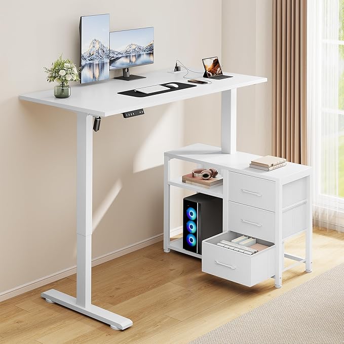 47 Inch L Shaped Standing Desk with 3 Drawers Electric Standing Desk with Storage Computer Game Desk Adjustable Height Desk with Power Outlets 4 Memory Presets for Home Office, White