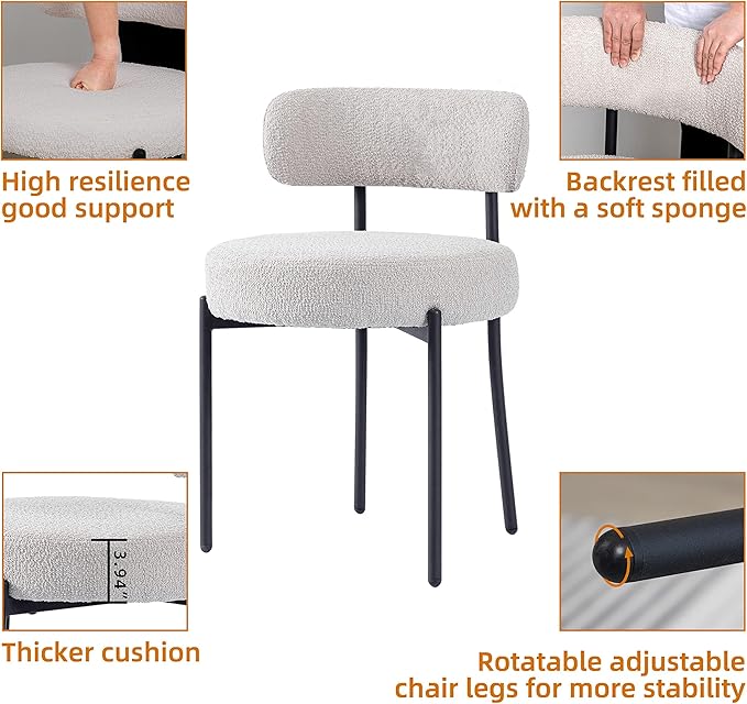 DYHOME Light Grey Boucle Dining Chairs Set of 4, Upholstered Kitchen Dining Room Chairs with Metal Legs, Round Modern Dining Room Chairs