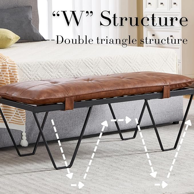 RIVOVA Modern Removable Tufted Upholstered Entryway Bench Set of 2, 48-Inch Contemporary Indoor Bench with Slatted Metal Frame, Brown Leather Bench for Bedroom End of Bed, Dining, Hallway, Living Room