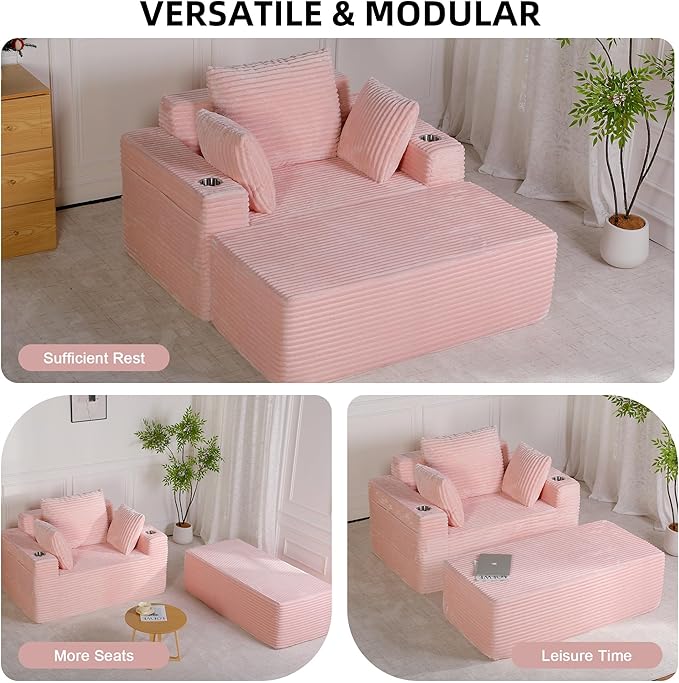 54" W Oversized Chaise Lounge Chair Indoor, Boneless Chaise Lounge Couch, Convertible Comfy Reading Chairs, Corduroy Sleeper Chair Couches for Living Room, Compression Sofa with Ottoman, Pink