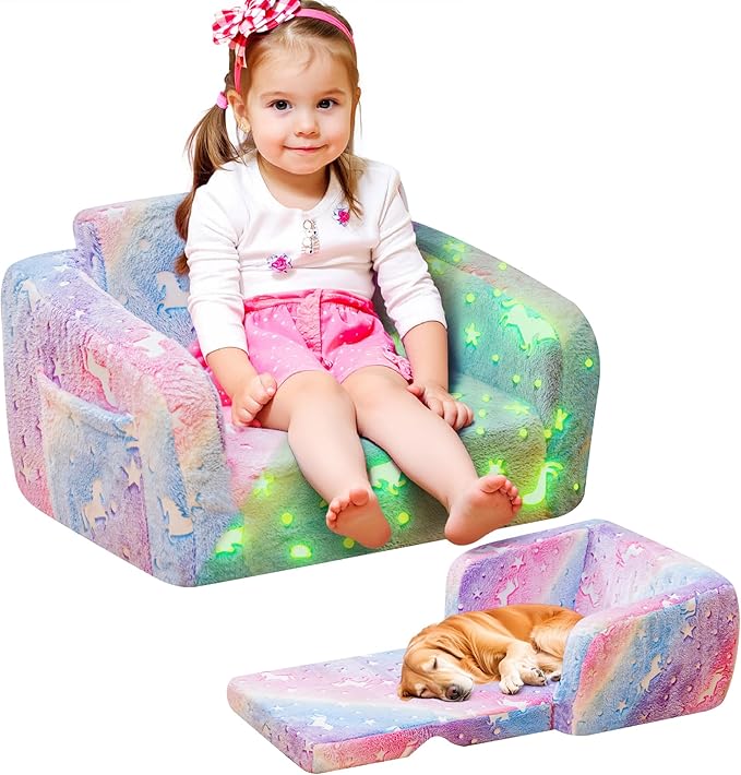 Lamerge 2-in-1 Soft Toddler Couch Fold Out,Foldable Toddler Chair, Glow in The Dark Kids Sofa for playroom,Convertible Foam and Floor Cushion for Boys and Girls (Rainbow and Unicorn)
