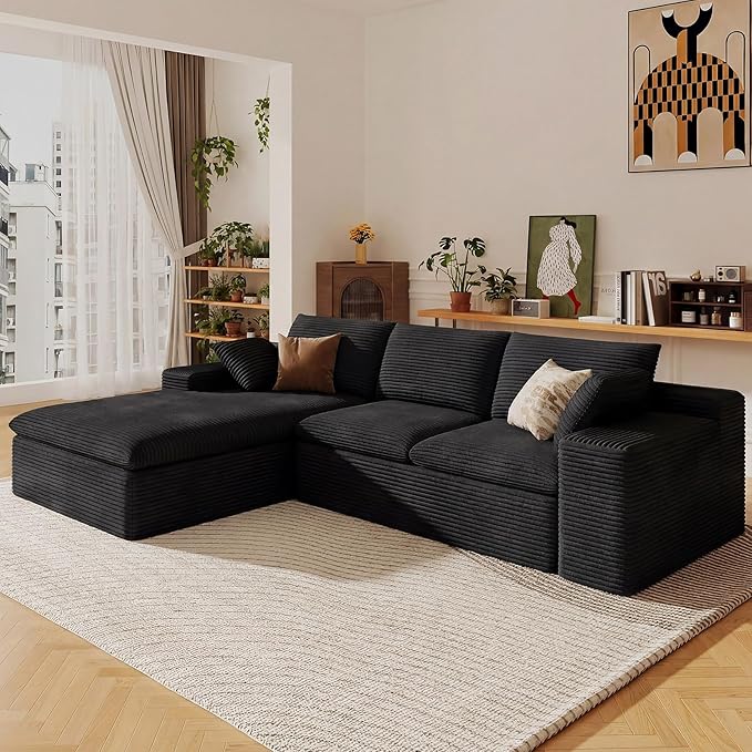 107" Cloud Sectional Couch with L-Shape Chaise, Modern Corduroy Viral Boneless Sofa for Living Room,Memory Foam Couches in a Box with Deep Seat,No Assembly Required (Black,Left-Facing Chaise)