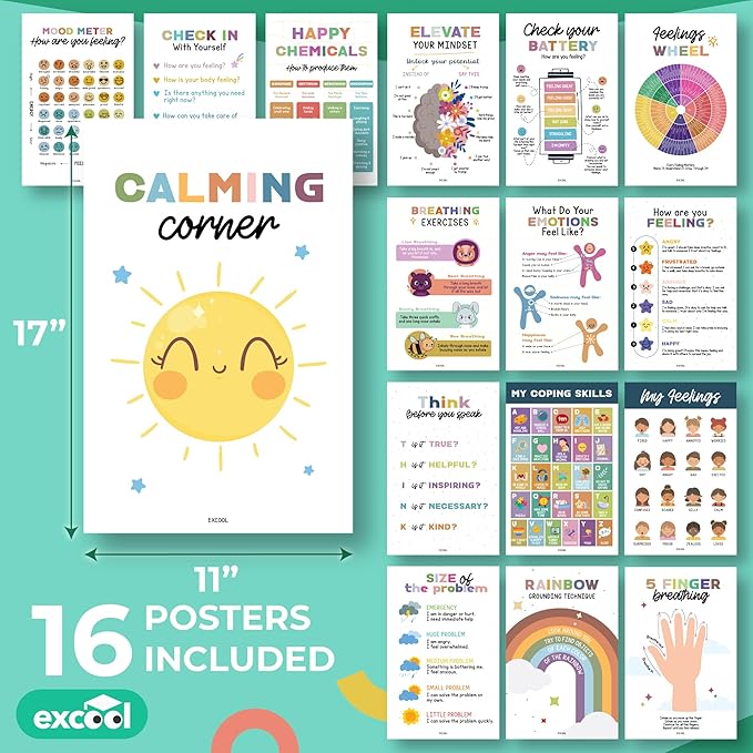 EXCOOL CLUB 16 Calming Corner Posters For Classroom Decor - Feelings Chart For Kids Ages 4-8, Feelings Poster Calm Down Corner Supplies, Elementary Classroom Must Haves For Teacher (11x17)