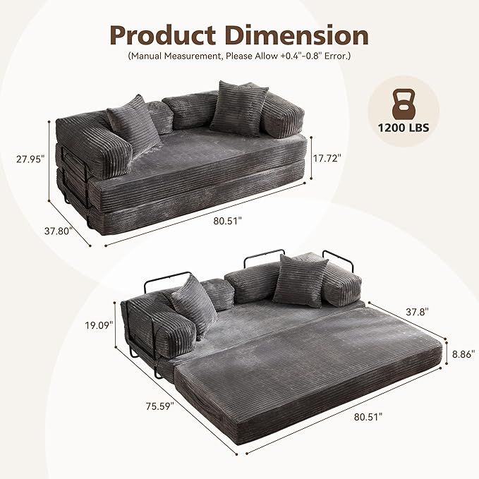 4-in-1 Folding Sofa Bed, 78" Oversized Corduroy Sleeper Chair, Convertible Loveseat to Floor Bed with Storage Pockets, Boneless Design for Living Room, Bedroom & Small Spaces