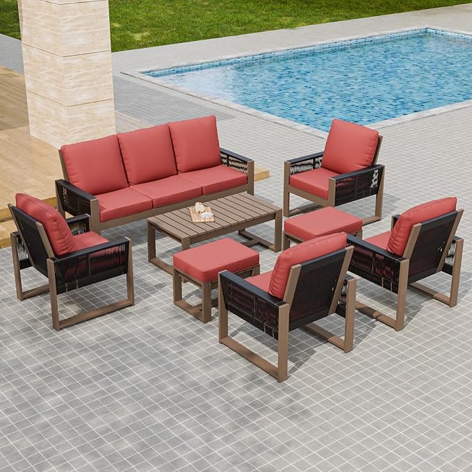 INTER HUT Rustic Hideaway Natural Cedar Wood Outdoor Furniture Set, Wicker Patio Conversation Set for Porch Garden Backyard, Couch, 4 Patio Chairs, Coffee Table and 2 Ottomans, 8 Piece, Brownish/Red