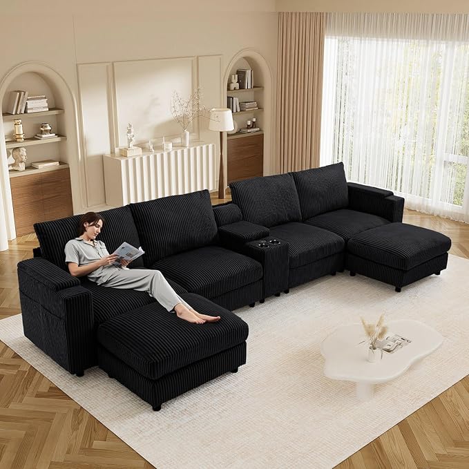 153" W x 60" D U Shape Sectional Sofa with USB Charging & Cup Holder & Storage, 6 Seater Plush Corduroy Couches with Movable Ottoman, Cloud Couch Sofas for Living Room, DIY Combination - Black