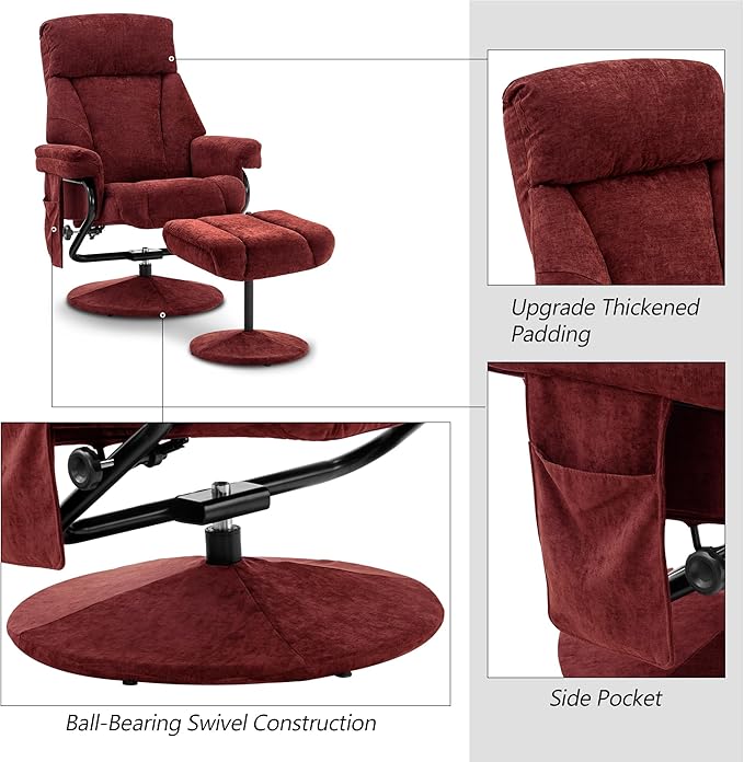 MCombo Swivel Recliner with Ottoman, TV Chair with Vibration Massage, Ideal for RV Small Space, Living Room & Bedroom 4828 (Textile, Burgundy)